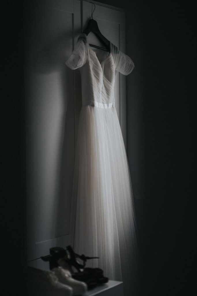 soft light falling on the wedding dress