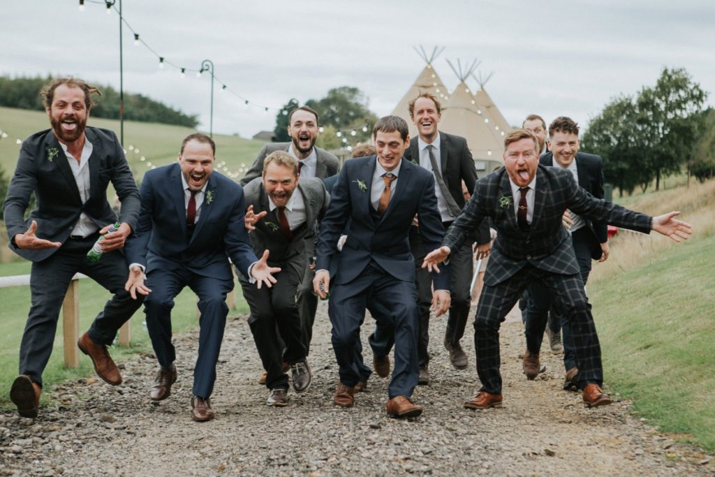 funny image of wedding ushers doing a haka dance hadsham farm oxfordshire